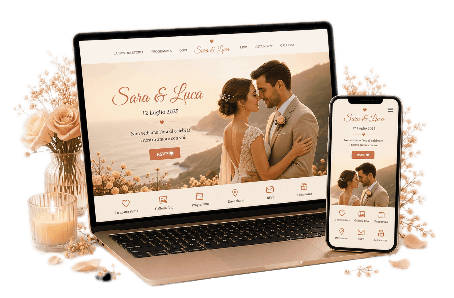 Anteprima sito matrimonio su smartphone e laptop